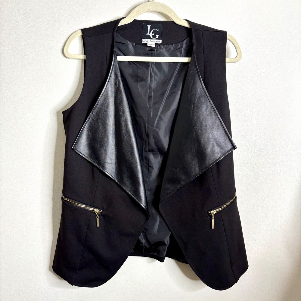 Lena Gabrielle Black Vest‎ Faux Leather Trim Zipper Detail Sleeveless Size 4
